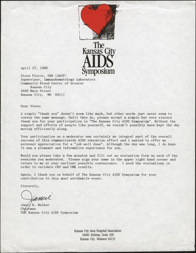 Kansas City AIDS Symposium Thank you letter to Steve Pierce April 27, 1988