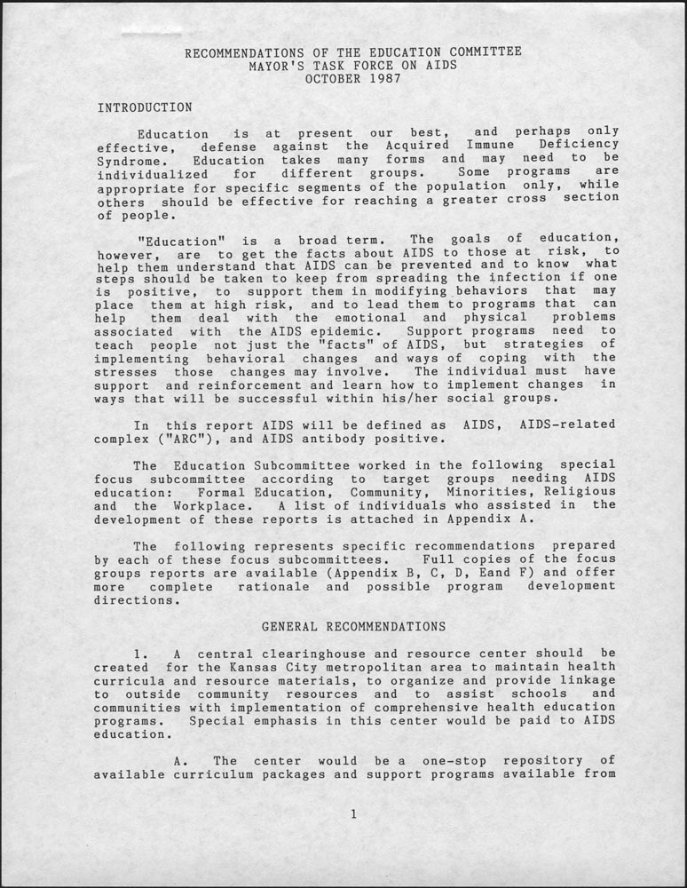 Recommendations... Mayor's Task Force On AIDS October 1987