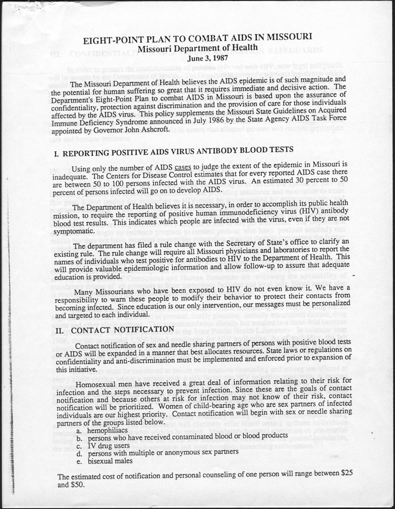 Eight-Point Plan...AIDS In Missouri Missouri Department Of Health June 3, 1987