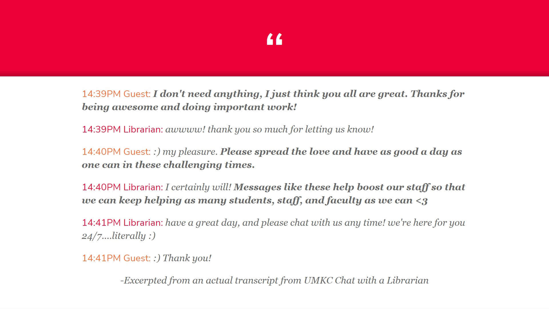 A kind exchange between a library chat user and a librarian